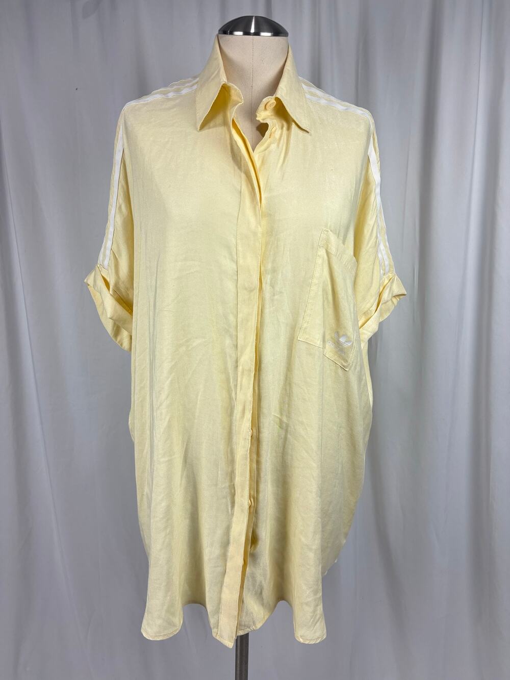 Adidas Originals Oversized Satin Shirt Dress Pastel Yellow 3-Stripes Button Up S
